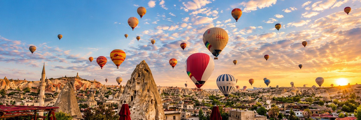 Hot-air balloons over Cappadocia at sunrise