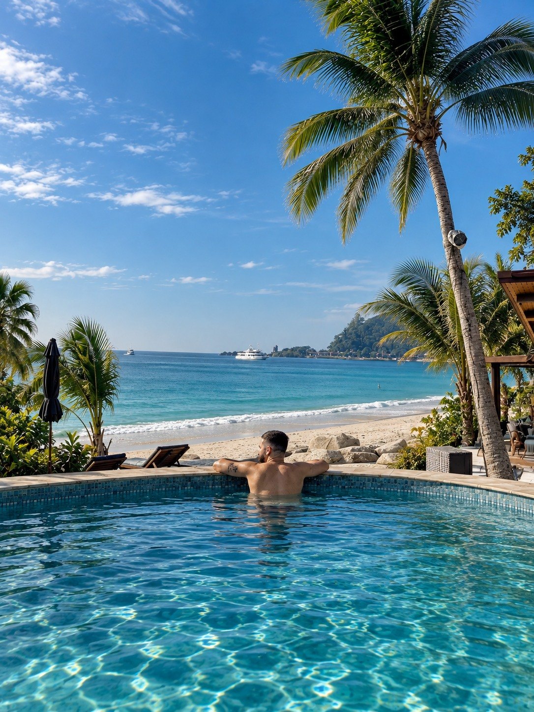 Man in a beachfront infinity pool looking out to a yacht and a green headland