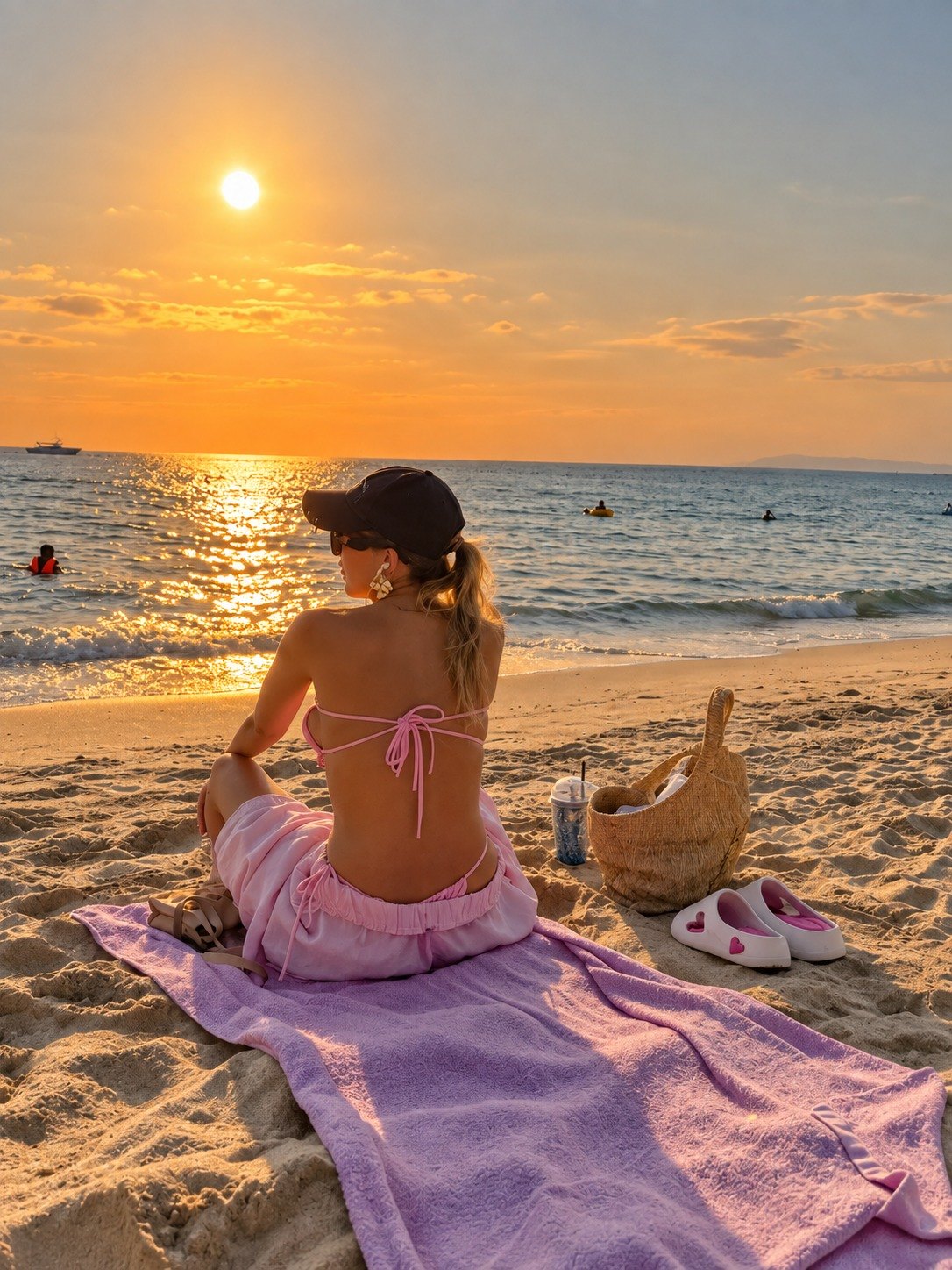 Woman in a pink outfit and black cap watching the sun set over the sea from the beach